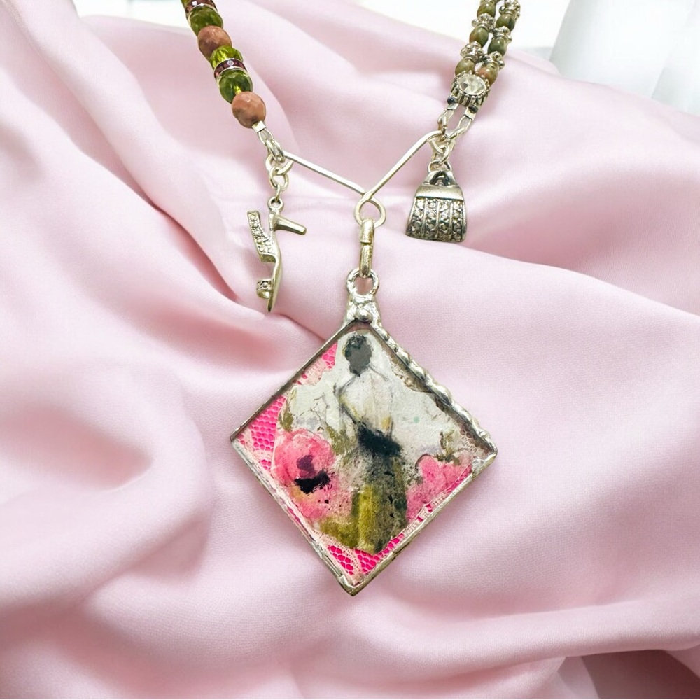 Handcrafted Silver & Glass Pendant with Unakite & Pink Jasper Silver Necklace - Picture 4 of 17